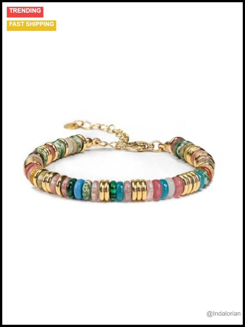 18K Gold Plated Beaded Stone Bracelet Stack Set Adjustable Boho Jewelry